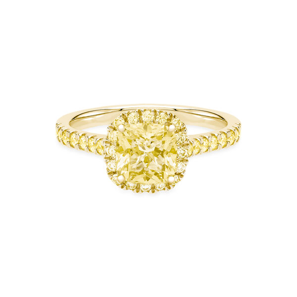 Cushion Cut Yellow Diamond Engagement Ring with Halo and Pav&eacute; Band